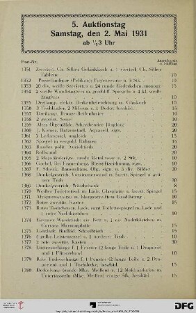 5. Auktionstag, Samstag, den 2. Mai 1931 ab ½3 Uhr (Nr. 1351-1700)