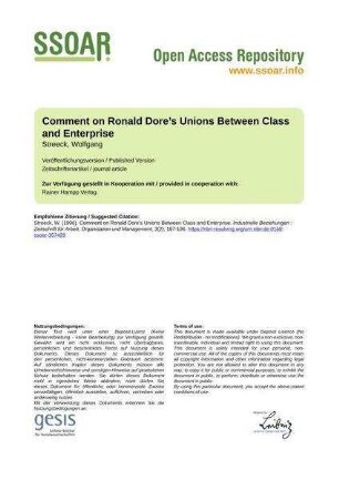 Comment on Ronald Dore’s Unions Between Class and Enterprise