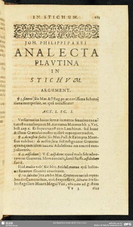 Joh. Philippi Parei Analecta Plautina In Stichum