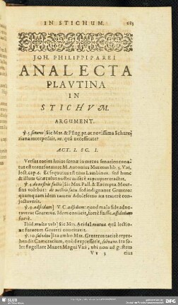 Joh. Philippi Parei Analecta Plautina In Stichum