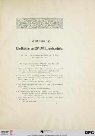 I. Abteilung. Alte Meister des XV.-XVIII. Jahrhunderts (Nr. 1-347)