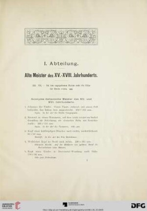 I. Abteilung. Alte Meister des XV.-XVIII. Jahrhunderts (Nr. 1-347)