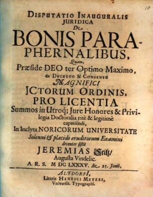 Disputatio Inauguralis Juridica De Bonis Paraphernalibus