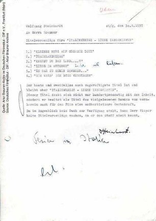 Titelvorschläge, mit handschriftlichen Ergänzungen von Artur Brauner