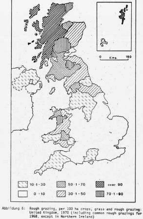 Rough grazing, per 100 ha crops, grass and rough grazing, United Kingdom 1970