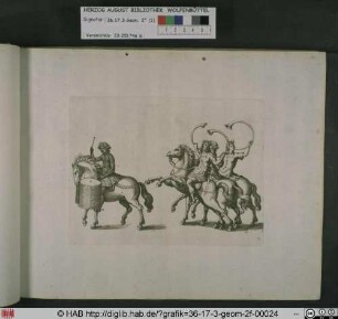 Ein schwarzer Trommler zu Pferd, nachfolgend drei Reiter mit gebogenen Blasinstrumenten.