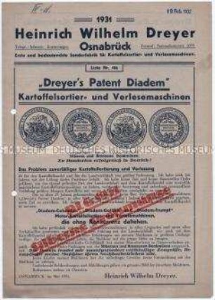 "Dreyer's Patent Diadem" Kartoffelsortier- und Verlesemaschinen
