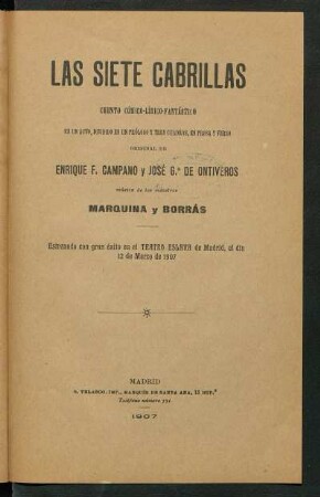 Las siete cabrillas : cuento cómico-lírico-fantástico en un acto, dividido en un prólogo y tres cuadros, en prosa y verso