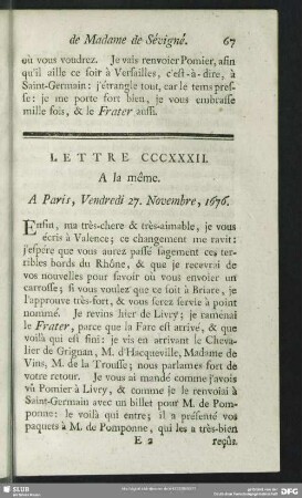 Lettre CCCXXXII. A la même. A Paris, Vendredi 27. Novembre, 1676