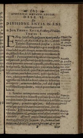 Disp. VI. De Divisione Entis In Ens actu & potentia.