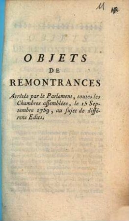 Objets de remontrances arrêtés par le Parlement, toutes les chambres assemblées, le 15. Septembre 1759 au sujet de differens edits