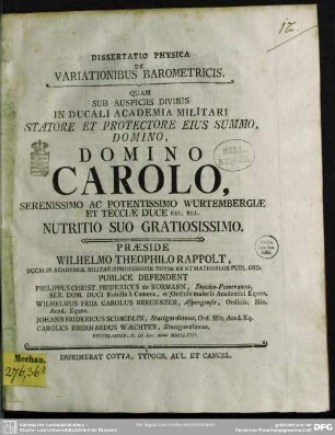 Dissertatio Physica De Variationibus Barometricis : Quam Sub Auspiciis Divinis ...