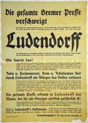 Plakat des Tannenbergbundes e. V., Gau Bremen, zu einem Vortag über Ludendorffs Kampf gegen Römische Kirche, Judentum und Freimaurer.