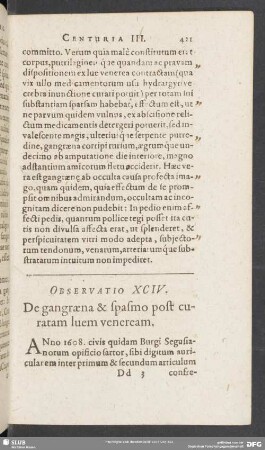 Observatio XCIV. De gangraena et spasmo pest curatum lucem veneram