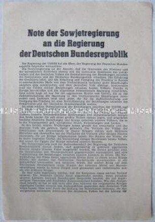 Sonderdruck mit dem Wortlaut einer Note der Regierung der UdSSR an die Bundesregierung über die Aufnahme diplomatischer, kultureller und Handelsbeziehungen