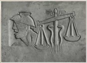 Relief Berufssymbol Händler: Hermeskopf, Waage, Schlangen: Tonmodell