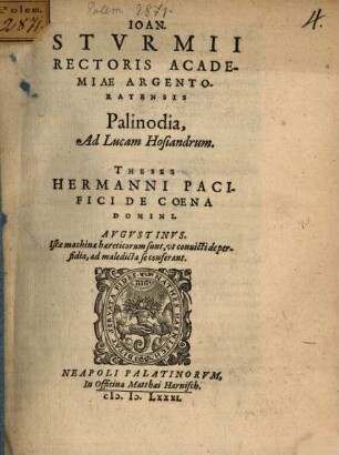 Ioan. Stvrmii Rectoris Academiae Argentoratensis Palinodia, ad Lucam Hosiandrum