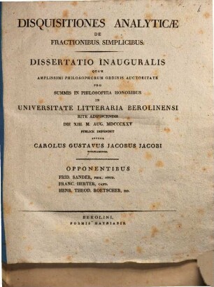 Disquisitiones analyticae de fractionibus simplicibus : Diss. inaug.