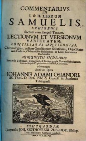 Commentarivs In I. & II. Librum Samuelis : Exhibens Sacrum cum Exegesi Textum. Lectionvm Et Versionvm Varietatem, Conciliatas Antilogias, Chronologiam, utilium Quaestionum Solutiones, Objectiones cum Vindiciis, Observationes Philologicas, & Locos Communes Doctrinales ...