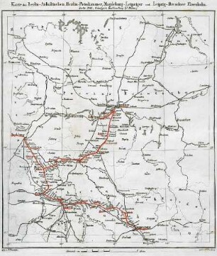 Karte: Karte der Berlin-Anhaltischen, Berlin-Potsdamer, Magdeburg-Leipziger und Leipzig-Dresdner Eisenbahn. Berlin 1842, Oehmigke's Buchhandlung (J. Bülow)