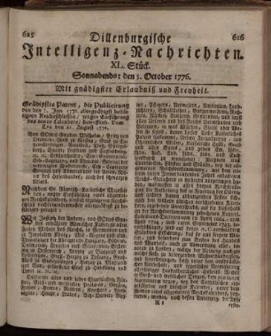 XL. Stück: Sonnabends: den 5. October 1776.