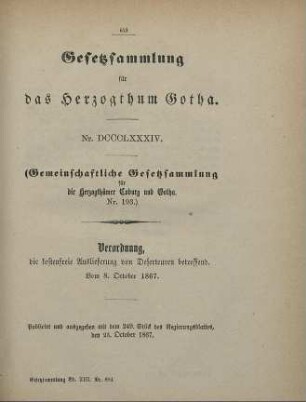 884. Verordnung, die kostenfreie Auslieferung von Deserteuren betreffend; vom 8. October 1867