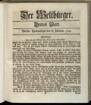 Drittes Blatt. Berlin, Donnerstags den 16. Februar 1741.