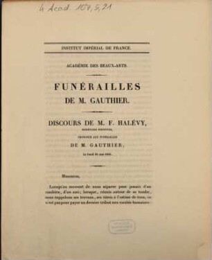 Funérailles de M. Gauthier : Discours de M. F. Halévy ... le lundi 21 mai 1855