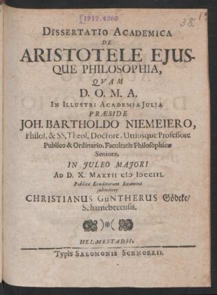 Dissertatio Academica De Aristotele Eiusque Philosophia