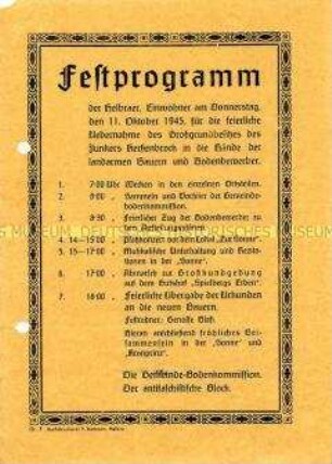 Programm einer Festveranstaltung aus Anlass der Bodenreform