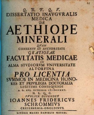 Dissertatio Inavgvralis Medica De Aethiope Minerali