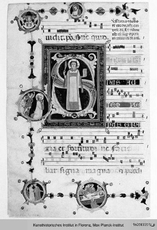 Initiale S mit dem Heiligen Stephanus und fünf Medaillons mit Szenen aus seinem Protomartyrium - Antiphonarium proprium de tempore et Commune Sanctorum