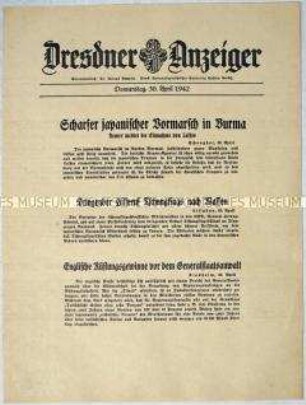 Nachrichtenblatt "Dresdner Anzeiger" mit internationalen Kurzmeldungen, u.a. zum Vormarsch der Japaner in Burma