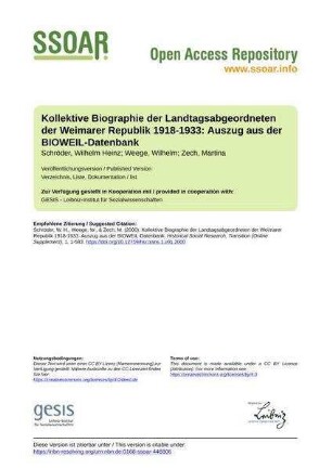 Kollektive Biographie der Landtagsabgeordneten der Weimarer Republik 1918-1933: Auszug aus der BIOWEIL-Datenbank