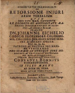 Dissertatio inauguralis de retorsione injuriarum verbalium