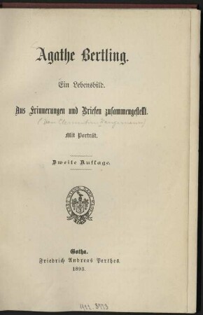 Agathe Bertling : ein Lebensbild ; Aus Erinnerungen und Briefen zusammengestellt