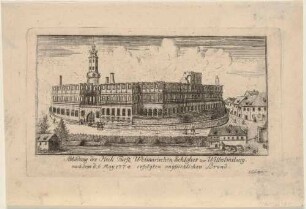 Das Schloss Wilhelmsburg (Residenzschloss, Stadtschloss) in Weimar nach dem Brand vom 6. Mai 1774, Blick von außen