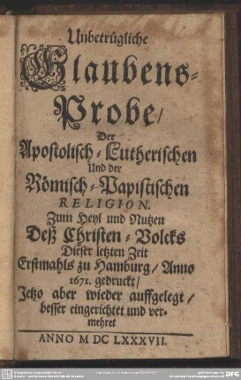 Glaubens-Probe der Apostolisch-Lutherischen und Römisch-Papistischen Religion