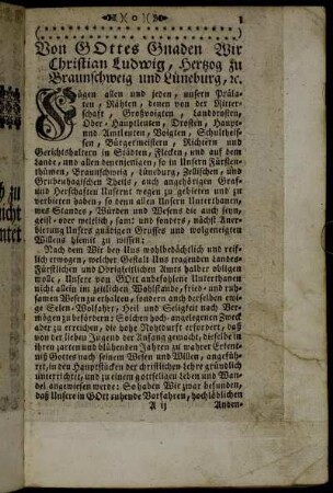 Von Gottes Gnaden Wir Christian Ludwig, Hertzog zu Braunschweig und Lüneburg, [...]