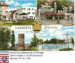 Langen (Hessen), Einzelansichten / 1. Reihe v. l. n. r.: Lutherplatz, Vierröhrenbrunnen / 2. Reihe: Stumpfer Turm, Freibad