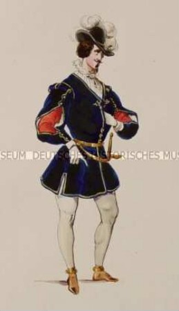 Mann im schwarzen Anzug mit geschlitzten Ärmeln und Federhut - Tafel aus Franceschini/Kostümbilder (Kassette 1)