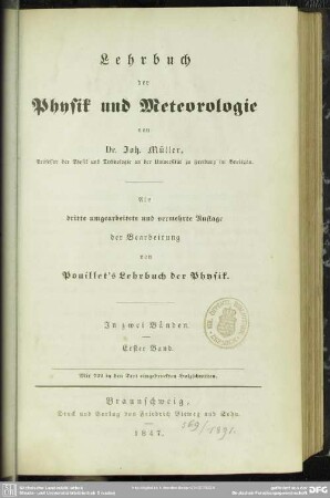 1: Lehrbuch der Physik und Meteorologie : [für deutsche Verhältnisse freie] Bearbeitung von Pouillet's Lehrbuch der Physik; in zwei Bänden