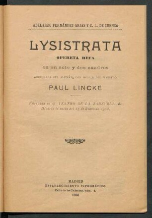Lysistrata : opereta bufa en un acto y dos cuadros, arreglada del alemán