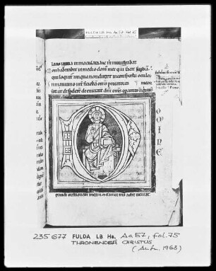 Hymnar und Psalter — Psalterium cum Canticis — Initiale D (omine), darin der thronende Gottessohn, Folio 75recto