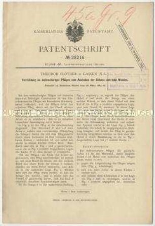 Patentschrift einer Vorrichtung an mehrscharigen Pflügen zum Ausheben der Schare und zum Wenden, Patent-Nr. 29216
