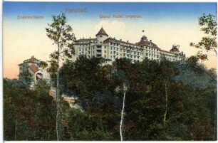 Karlsbad. Drahtseilbahn und Grandhotel Imperial : Karlsbad. Hotel Imperial (1910-1912; Ernest Hébrard). Ansicht mit Trasse und Bergstation der Drahtseilbahn in Betrieb (Standseilbahn Slovenská–Imperial; 1910-1912, 1959 stillgelegt)