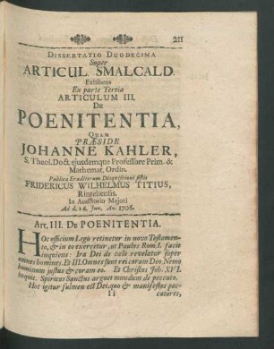 Dissertatio Duodecima ... Articulum III. De Poenitentia, ...