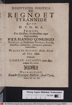 Disputatio Politica De Regno Et Tyrannide