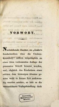 Zusätze zu seiner Schrift über die Cholera-Krankheit