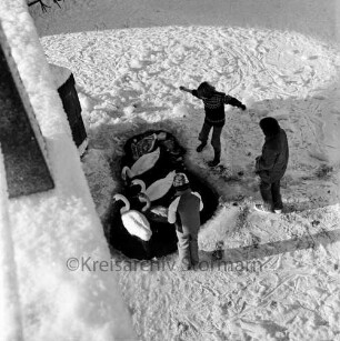 Schlossbrücke: im Winter: Blick von Schlossbrücke auf zugefrorenen äußeren Schlossgraben: Kinder um Wasserloch mit Schwänen